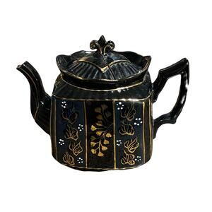 Vintage Arthur Wood & Son glazed black teapot floral decorations gold trim